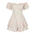 HAWEE Women's Jumpsuit Floral Print Off Shoulder Baggy Sleeve Waist Double Layer Ruffle Hem Short Mini Dress Romper