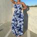 Women Summer Off Shoulder Tie Print Ruched Sleeveless Maxi Dress