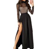 Women Sexy Mesh Sheer Dress Long Sleeve Turtleneck Rhinestone Sundress