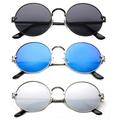 3 Pack Round Metal Frame Circle Rim Fashion Sunglasses for Women for Men, Gunmetal, Flash Mirror & Blue