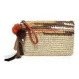 Daisy Rose Colorful Clutch- Straw Handbag with Vegan Leather Handles and Pom Poms- Brown Multi Color