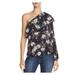 AQUA Womens Black Floral Print One Shoulder Long Sleeve Asymmetrical Neckline Blouse Top Size S