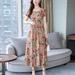 Floral Printed Summer Dress Women New Fashion High Waist O Neck Short Sleeve Dresses De Fiesta De Party Vestidos,Leather Pink, XXXL