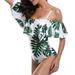 Women's One Piece Swimsuit Vintage Off Shoulder Flounce Ruffle Bathing Suits Green Leaf Pattern Ruffled Swimsuit, Off Shoulder Design and Smooth Durable Fabric XL
