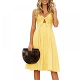 Linen Purity Women Dresses Summer Tie Front V-Neck Spaghetti Strap Button Down A-Line Backless Swing Midi Dress, S-XL