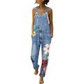 Women Denim Jumpsuit Floral Printed Dungarees Playsuit Distressed Ripped Jeans Straps Overalls Trousers Loose Sleeveless Baggy Pockets Long Bib Pants