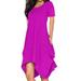 Avamo Summer Short Sleeve Dress for Women Solid Color Irregular Hem Pleated Dress Ladies Beach Party Midi Dress with Pockets Rose 4XL(US 20-22)