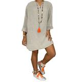 Plus size S-5XL Women V Neck Summer Tunic T-shirt Dress Loose Oversized Casual Beach Holiday Cotton Linen Dress Sundress