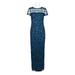 Adrianna Papell Crew Neck Short Sleeve Illusion Zipper Back Slit Back Sequin Mesh Dress-DEEP BLUE