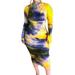 Jocestyle Women Tie Dye Print Slim Dress Long Sleeve Midi Dresses (Yellow 2XL)