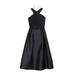 Adrianna Papell Crossed Front Pleated Zipper Back Embellished Waist Jersey Mikado Dress-BLACK
