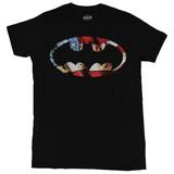 Batman (DC Comics) Mens T-Shirt - Black Batman Logo Over American Flag Image (Small)