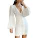 Jocestyle White Dress Women Puff Sleeve Deep V Neck Autumn Mini Short Dress (L)