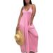 Women Fashion Summer Sleeveless Maxi Halter Dresses Solid Color Halter Maxi Dress With Halter Tie And Pockets