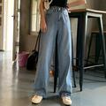 Cocloth Women High Waist Drop Jeans Wide Leg Loose Straight Pants Ladies Sty Blue Demin Trousers