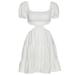 Calsunbaby Women High Waist Dress Short Puff Sleeve Square Neck Solid Color Shirred Design Hollow Out A-Line Mini Dress
