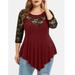 Women's Plus Size Floral Lace Solid Color Irregular Hem See-through Round Neck Top