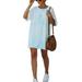 UKAP Women Short Sleeve Round Neck Tie Dye Tunic Top Dress Casual Swing Tee Shirt Dresses Above Knee Mini Dress Light Blue S(US 4-6)