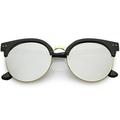 Horn Rimmed Semi Rimless Round Sunglasses Flat Lens 55mm (Black / Silver Mirror)