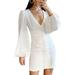 Jocestyle White Dress Women Puff Sleeve Deep V Neck Autumn Mini Short Dress (XL)