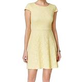 CONNECTED APPAREL Womens Yellow Lace Floral Cap Sleeve Jewel Neck Above The Knee Fit + Flare Dress Size: 8