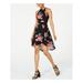 CRAVE FAME Womens Black Cut Out Back Floral Sleeveless Halter Mini Fit + Flare Party Dress Size L