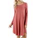 Women Long Sleeve Round Neck A-Line Pleated Knee Length Tunic Dress with Side Pockets (D ROSE, X-Large)