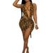 Listenwind Women's Sexy Bodycon Dresses Leopard Printed Halter Sleeveless Ruched Lace Up Mini Club Dress