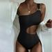 Bikini Solid Color One-Piece Swimsuit Female Sense Waistless One Shoulder Two-co