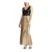 RALPH LAUREN Womens Gold Sequined Color Block Sleeveless V Neck Maxi Sheath Evening Dress Size 16