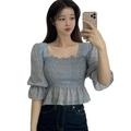 HOT SALE!Spree-Women's Blouse Tops Square Neck Long Sleeve Shirred Blouse Tops Puff Sleeve Shirred Blouse Crop Top