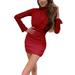 Fashion Women Dress Long Sleeve Slim Fit Turtleneck Dress High Nexk Solid Color Mini Dress