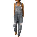 Women Denim Jumpsuit Floral Printed Dungarees Playsuit Distressed Ripped Jeans Straps Overalls Trousers Loose Sleeveless Baggy Pockets Long Bib Pants