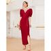 Puff Sleeve Pearl Applique Slit Hem Dress