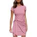 New Women's Casual Short Sleeve T Shirt Dress Crewneck Bodycon Ruched Tie Waist Mini Dresses