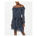 MICHAEL KORS Womens Blue Ruffled Printed Long Sleeve Off Shoulder Above The Knee Shift Dress Size S