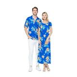 Couple Matching Hawaiian Luau Shirt Cap Sleeve Maxi Dress in Hibiscus Blue