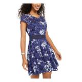 CITY STUDIO Womens Blue Lace Floral Cap Sleeve Jewel Neck Mini Fit + Flare Evening Dress Size 3