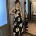 Women Fashion Sexy Floral Sweet Dress Ruffled V-Neck Chiffon Print Summer Long High Waist Slim Sling Dress