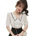 ZAVAREA Sweet Peter Pan Collar Chiffon Blouse Korean Fashion Contrast Color Short Sleeve Blouses Top Women's Shirt