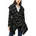 Eyicmarn Autumn and Winter Warm Women Lapel Wool Blend Shawl Woolen Coat Plaid Outerwear