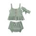 Yinyinxull 3Pcs Baby Girls Clothes Sets Outfits Short Sleeve Tops Shorts Headband Suits Bean Green 18-24 Months