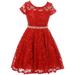 Little Girl Cap Sleeve Floral Lace Glitter Pearl Holiday Party Flower Girl Dress Red 4 JKS 2102 BNY Corner