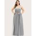 Women's Plus Size Surplice Neck Low Back Belted Mesh Prom Dress