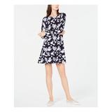 MICHAEL KORS Womens Navy Flared Floral Long Sleeve Jewel Neck Mini Dress Size: XL