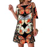 Avamo Summer Bohemian Beach Midi Dress for Women Causal Butterfly Print Cutout Backless A-line Dress Loose Sexy Party Cocktail Sundress