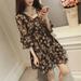 Women Floral Print Dress Casual Lace Sweet Three Quarter Flare Sleeve V-Neck High Waist Empire Mini Dresses Clothing