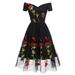 Women Floral Embroidered Mesh Dress Off the Shoulder Short Sleeves Vintage A-Line Tea Cocktail Party Dress