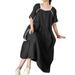 ZANZEA Women Summer Casual Square Neck Drawstring Pleated Loose Dress