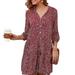 Besufy Women Boho Print V Neck 3/4 Sleeve Buttons Large Swing A-line Beach Mini Dress